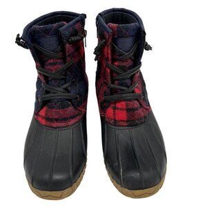 STQ Womens Duck Boots 8 Red Black Plaid Side Zip Waterproof Rain Winter Quilted